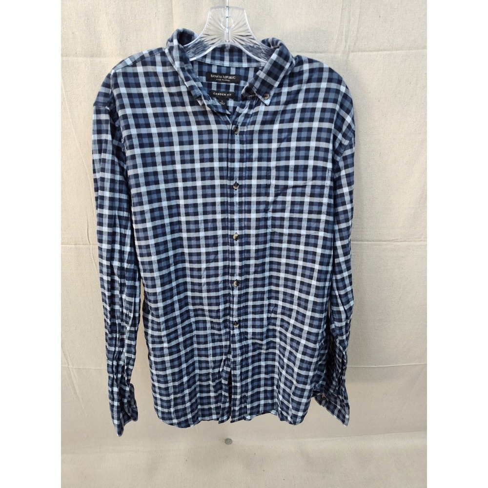 Banana Republic Luxe Flannel Camden Fit Navy Blue Check Button Down Shirt Mens L